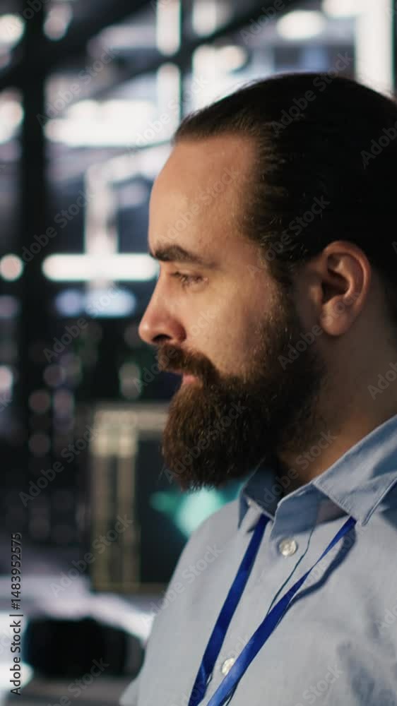 Poster vertical video smiling data center technician using pc to monitor neural network ai llm visualizatio