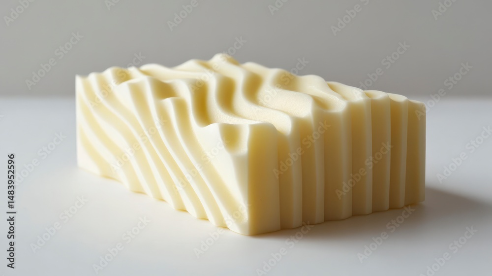 Aufkleber close-up of a rectangular block of creamy, pale yellow substance with a unique wavy, ribbed texture,