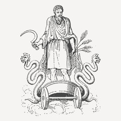 Engraved image of Cronus (Saturn), the Titan god of time and agriculture, holding a sickle, surrounded by serpentine forms. © Retro Archive id