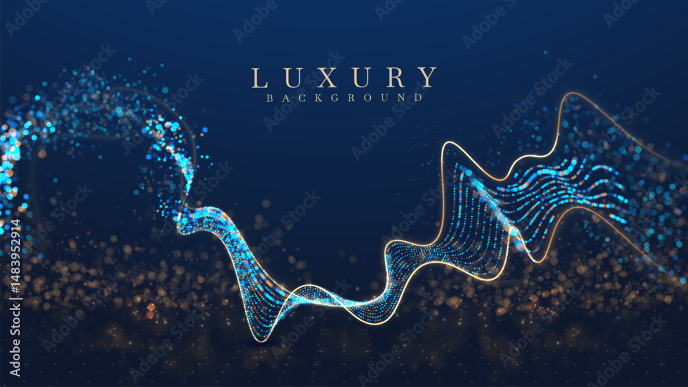 Wall mural blue background with glowing dot particles and golden neon lines decorated with bokeh, luxury style 