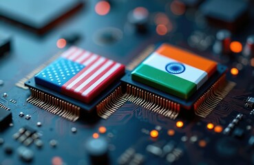 Computer chips with US India flags on circuit board. Conceptual tech representation of global relations, partnership, tech conflict. AI-generated macro photo of processors on motherboard. United