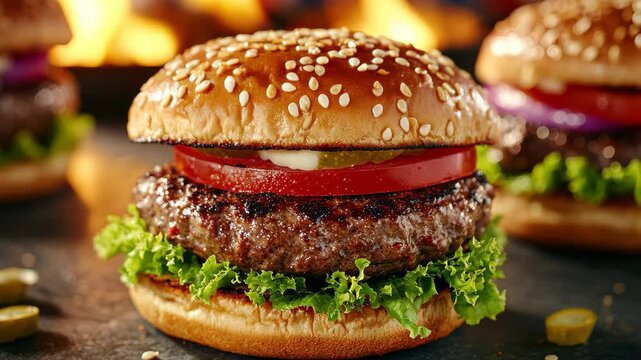 Gourmet Burger's Temptation: An artfully crafted gourmet burger, showcasing a succulent meat patty, fresh vegetables, and a sesame seed bun, symbolizing the heart of delicious food. 