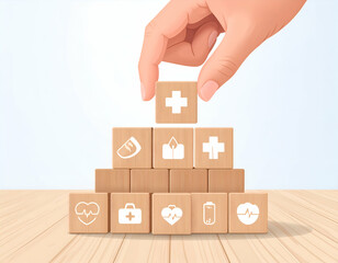 Hand placing a wooden block with a plus symbol onto a pyramid of blocks with various health icons