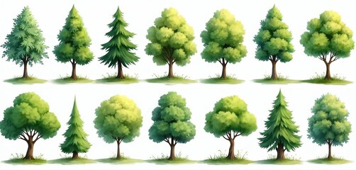 Watercolor illustration of collection of green trees, plants. Landscape elements for backdrop. Eco-friendly environment concept, nature illustration. Ideal for eco-friendly design, environmental
