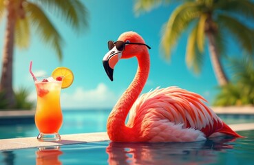 Obraz premium Bright flamingo bird sunglasses at resort pool. Bird drinks cocktail. Tropical summer vibes. Holiday relaxation. Beach resort, palm trees, sunny day, luxury life concept.