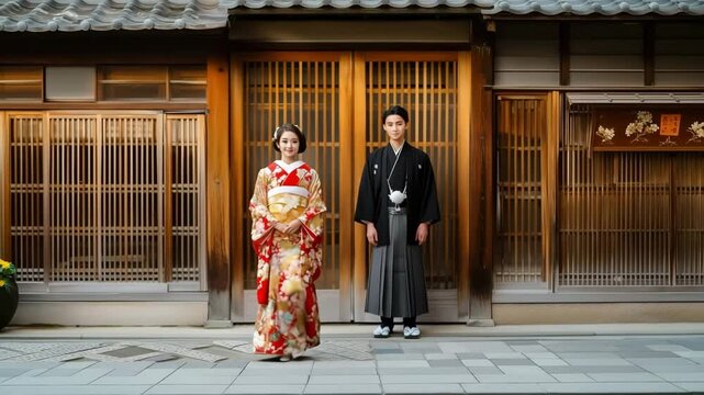 伝統的な和装姿の新郎新婦と日本家屋