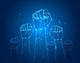 Glowing polygonal fists raised in unity, symbolizing strength and solidarity (1)