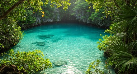 Tropical lagoon surrounded by lush green foliage and clear turquoise water