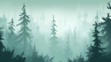 Obraz premium Misty Green Forest Landscape with Tall Pine Trees