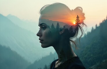 Double exposure photo woman face with scenic mountain landscape. Sunset, mountains and trees create visual, artistic merge. Nature adventure, travel concept art. Beautiful girl in profile.