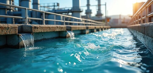 Industrial wastewater treatment plant purifying water before discharge. Purification process, filtration, sewage treatment. System of water resource management, clean water technology for