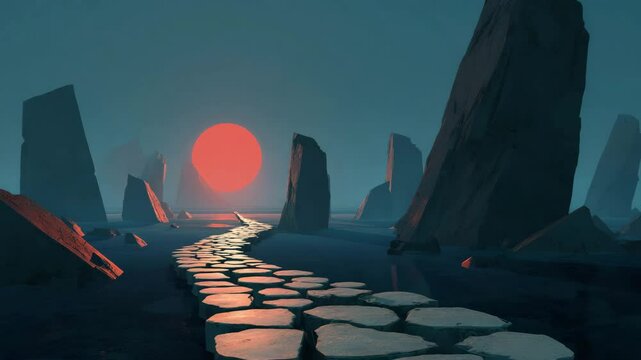 A digital art depicting a path of hexagonal stones winding through a dark, still water, towards a large, red sun setting behind tall, dark rocks. The scene is mysterious and serene. 