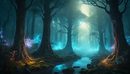 A misty, enchanted forest with glowing foliage and a reflecting stream evokes mystery and wonder.
