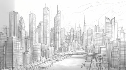Architectural sketch of a modern cityscape with high-rise buildings. [Ocular City] | Infra Sight | deep scan. Illustration