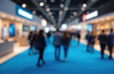 Blurred view of exhibition hall with visitors. People explore pavilions, view tech gadgets, home appliances, cars. Trade show, consumer electronics. Blue carpet, bokeh lights.