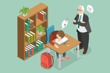 3D Isometric Flat Vector Illustration of Tired Student, Mental Strain