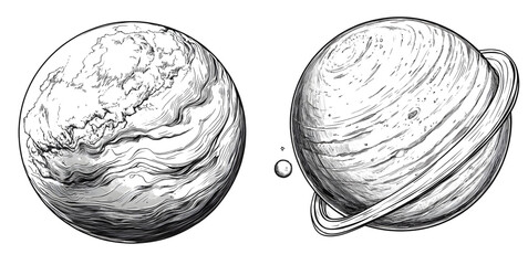 Hand Drawn Sketch of Planets with Rings and Textured Surface – Astronomical Line Art – Isolated on Transparent Background