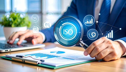 Businessman reviewing ISO standards with magnifying glass