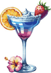 Vector watercollor painted illustration of a summer cocktail with fruits