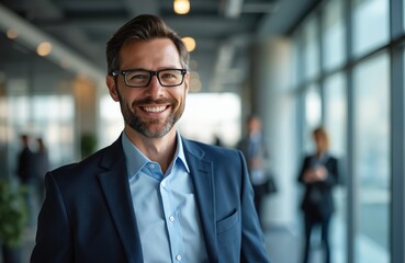 Fototapeta premium Happy businessman smiling in modern office. Executive man wear suit, glasses. Cheerful entrepreneur at work. Portrait of confident pro business person. Success concept. Business, career theme.