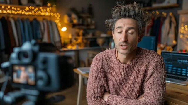 Caucasian male content creator filming vlog in cozy studio for social media courses, YouTube tutorials, influencer branding, and creative entrepreneurship &ndash; warm bokeh lights with home studio decor