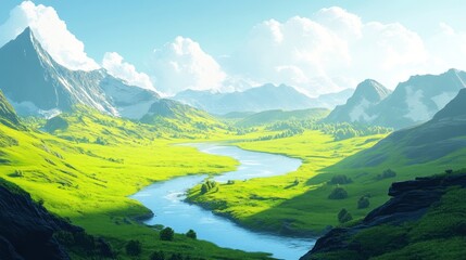 Fototapeta premium Serene mountain valley with meandering river under a bright sky offers tranquility