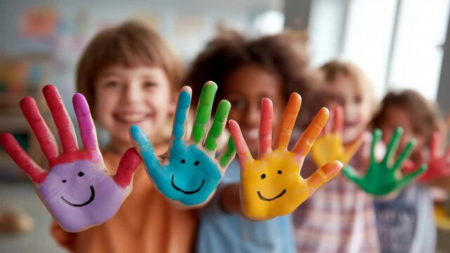 Children smiling with painted hands showing colorful happy faces.