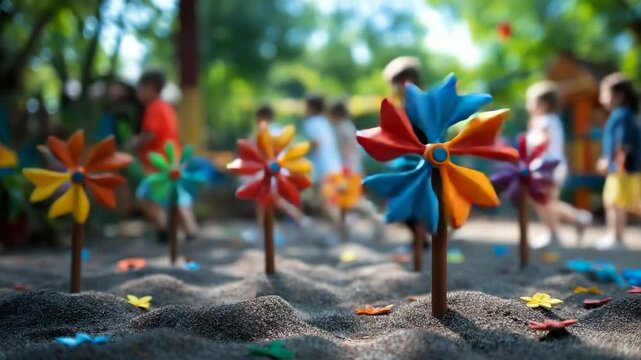 Colorful toy windmills in playground sandbox with children playing in background for summer kids' content, early education promotions, or childhood memory themes in vibrant rainbow colors
