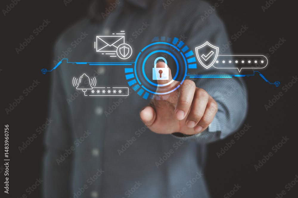 Leinwandbilder businessman pressing the virtual button mfa, multi-factor authentication, protect data account on in