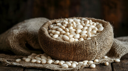 Jud?a Blanca, White Bean white beans spilling from rustic bowl, pale linen background