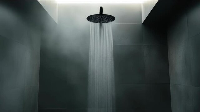 A shower head is spraying water and steam. The steam is thick and white