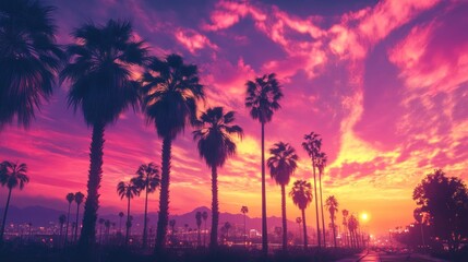 Vibrant sunset illuminating silhouetted palm trees and an expansive urban landscape