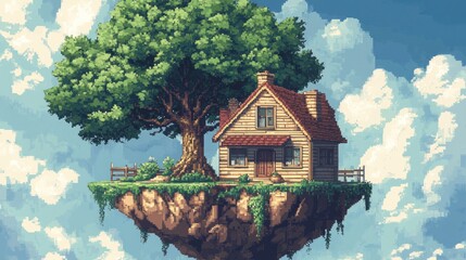 Pixelated Haven: A Serene House Amidst Floating Island Clouds