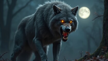 Menacing werewolf with glowing yellow eyes, baring teeth. Full moon illuminates night forest. Monster snarling in scary dark woods. Illustration perfect for fantasy, horror themes.