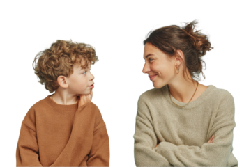 Mother and son looking at each other isolated on transparent background smiling