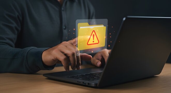 Person using laptop with warning folder icon overlay indicating a potential data security issue