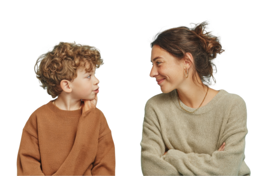 Mother and son looking at each other isolated on transparent background smiling