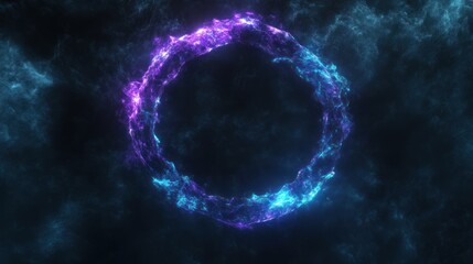 Obraz premium Cosmic Circle: Abstract digital art depicts a vibrant, glowing ring of celestial energy, swirling amidst a sea of nebulous cosmic dust, symbolizing the mysteries of the universe.