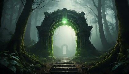 Obraz premium A mystical stone archway in a foggy forest leads to a luminous doorway creating a dreamy scene.
