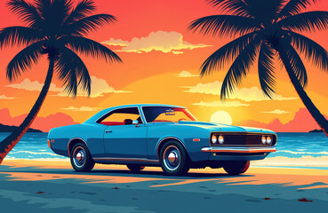 Retro blue classic car on tropical beach at sunset. Palm trees, sea, sky, clouds, vintage vibes, summer travel illustration. 60s, 70s, 80s style poster. Vacation, road trip, paradise escape, tourism