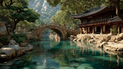 Fototapeta premium Serene Asianstyle Bridge and Pavilion by Calm Water Lush Greenery Mountain Scenery