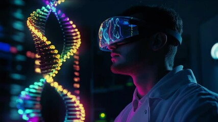 A man is sitting in front of a computer monitor with a colorful image of DNA strands. He is touching the screen with his finger - Powered by Adobe