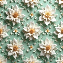 Obraz premium Elegant floral pattern featuring white cream flowers on soft green background. Creating serene harmonious atmosphere. Perfect for various design applications like wallpaper or fabric print.