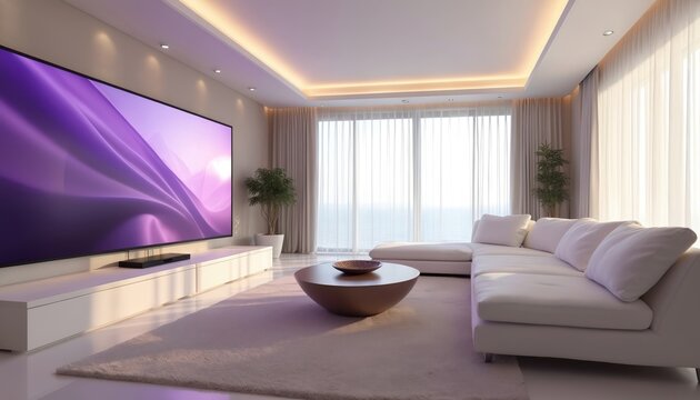 AI-generated modern living room home theater interior design. Luxury white apartment with large screen television. Contemporary minimalist style. New residential house decor. Minimalist design