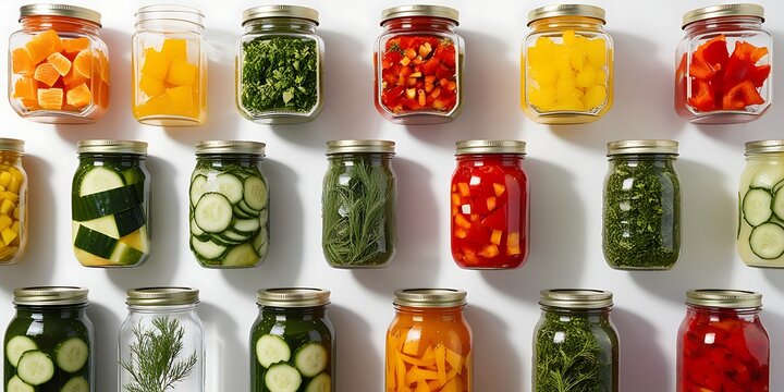 Top view of multiple jars filled with vibrant pickled vegetables, organized in rows with strong lighting and shadows, ideal for themes of nutrition, preparation, and sustainability

