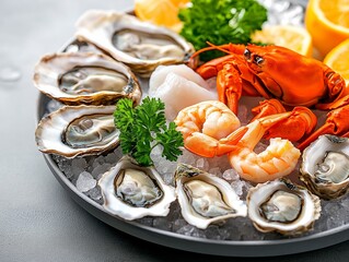 Minimalistic stock photo of a close-up of a seafood platter featuring Zinc + Copper-rich items oysters, crab, and shrimp, displayed on a bed of crushed ice, bright, fresh lighting