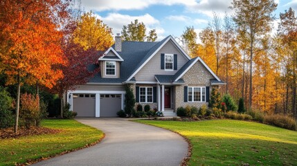 A suburban house with a driveway and fall foliage on the trees surrounding the property landscape