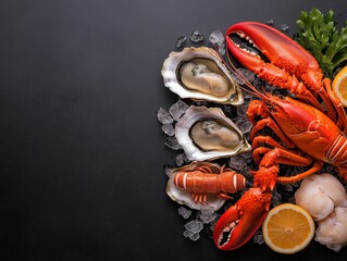 Minimalistic stock photo of a close-up of various seafood items rich in copper - oysters, lobster, and crab, displayed on a bed of crushed ice, with bright, fresh lighting