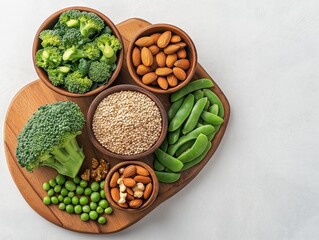 Minimalistic stock photo of a neatly arranged wooden board featuring chromium-rich foods whole grains, nuts, broccoli, and green beans, with soft overhead lighting and a clean modern background