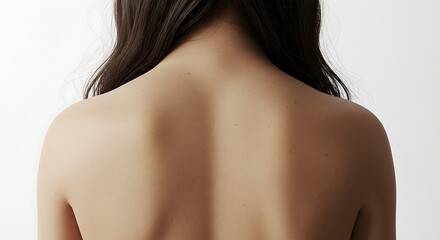 Naklejka premium A bare back with flowing hair cascading down, centered in the frame on a white background, soft and sensual detail, 8k resolution 